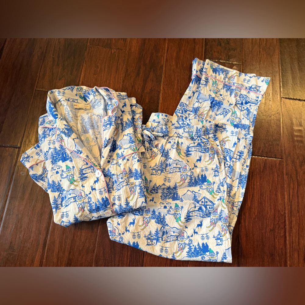 Roller Rabbit Long Sleeve Pants/Shirt PJ Linen Ski Toile Set